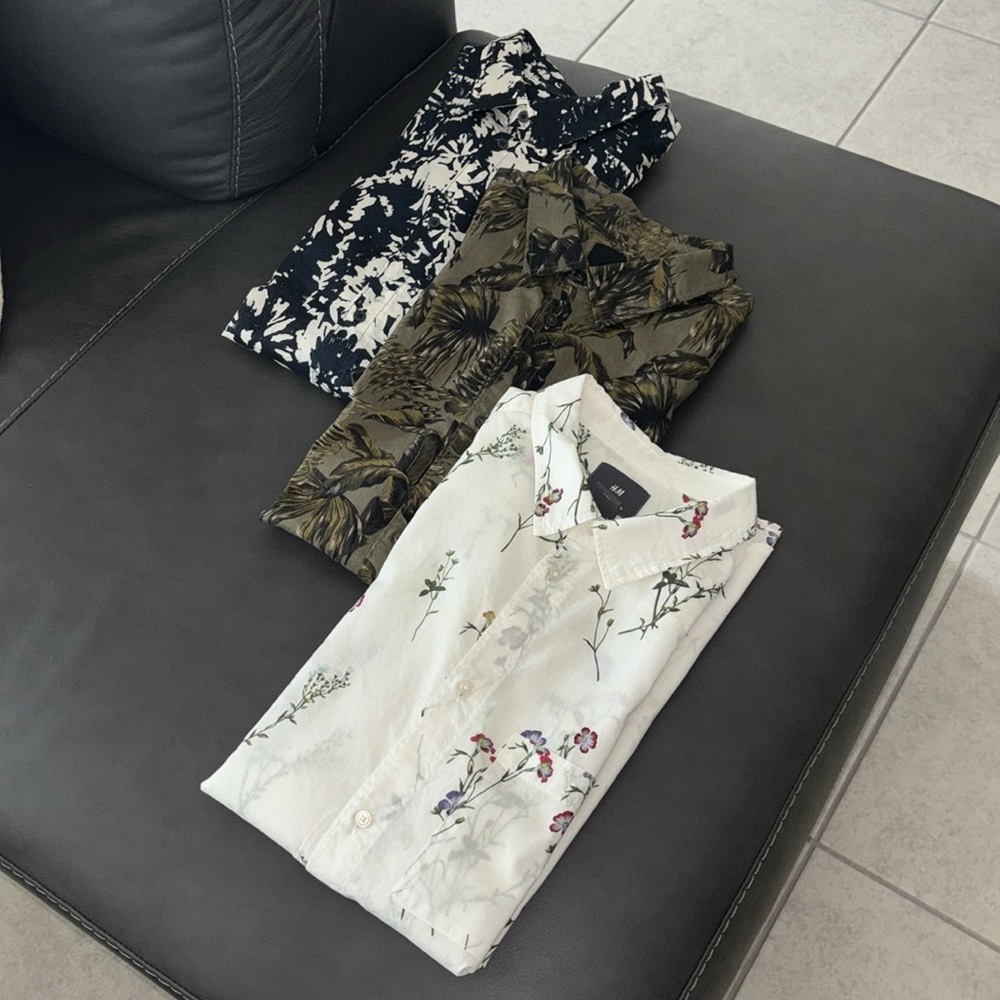 Floral Print Men's Shirt - White, Black, Olive